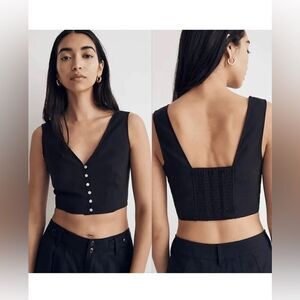 Madewell Cropped Vest Top Womens 4 Black Button Front Sleeveless V-Neck Wide Str